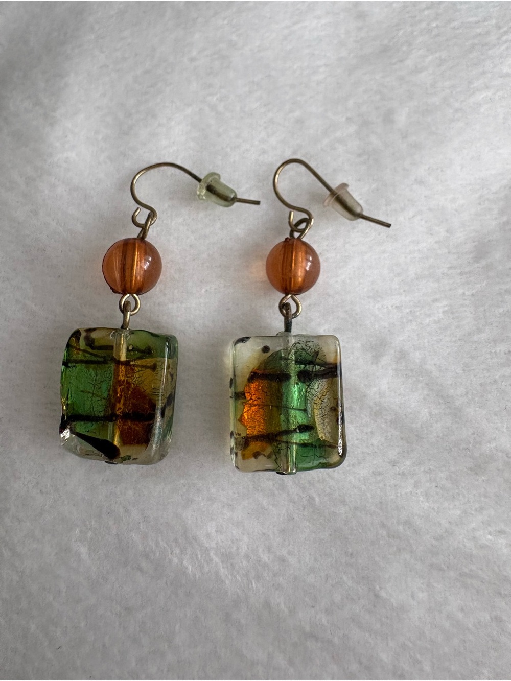 Handmade Green and Amber Glass Dangle Earrings
